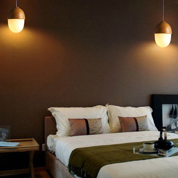 Contemporary Scandinavian Nut Glass Iron Wood 1-Light Pendant Light For Bedroom
