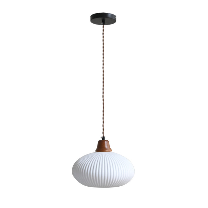 Moderne minimalistische elliptische Halbkreis-Keramik-Eisen-Holz 1-Licht-Pendelleuchte für das Schlafzimmer 