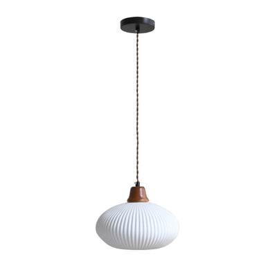 Modern Minimalist Elliptical Semicircle Ceramic Iron Wood 1-Light Pendant Light For Bedroom