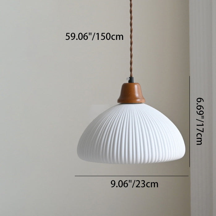 Moderne minimalistische elliptische Halbkreis-Keramik-Eisen-Holz 1-Licht-Pendelleuchte für das Schlafzimmer 