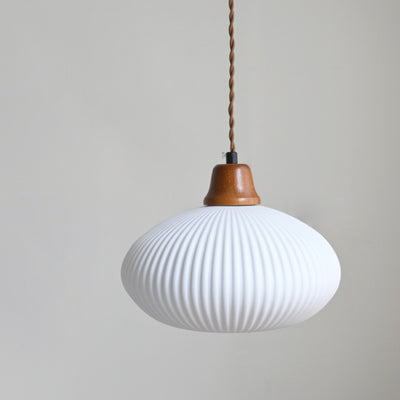 Modern Minimalist Elliptical Semicircle Ceramic Iron Wood 1-Light Pendant Light For Bedroom