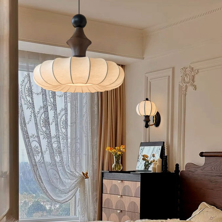 Traditional Chinese Circular Ball Ring Wood Fabric 1-Light Pendant Light For Bedroom