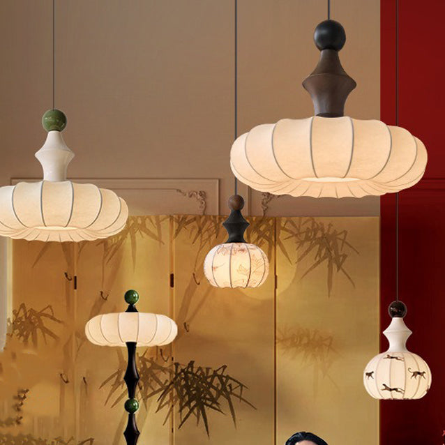 Traditional Chinese Circular Ball Ring Wood Fabric 1-Light Pendant Light For Bedroom