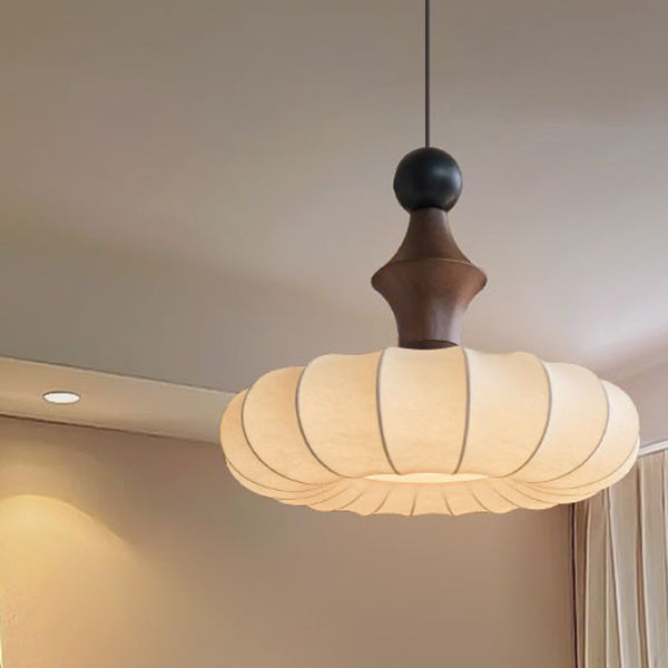 Traditional Chinese Circular Ball Ring Wood Fabric 1-Light Pendant Light For Bedroom