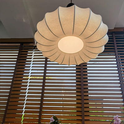 Traditional Chinese Circular Ball Ring Wood Fabric 1-Light Pendant Light For Bedroom