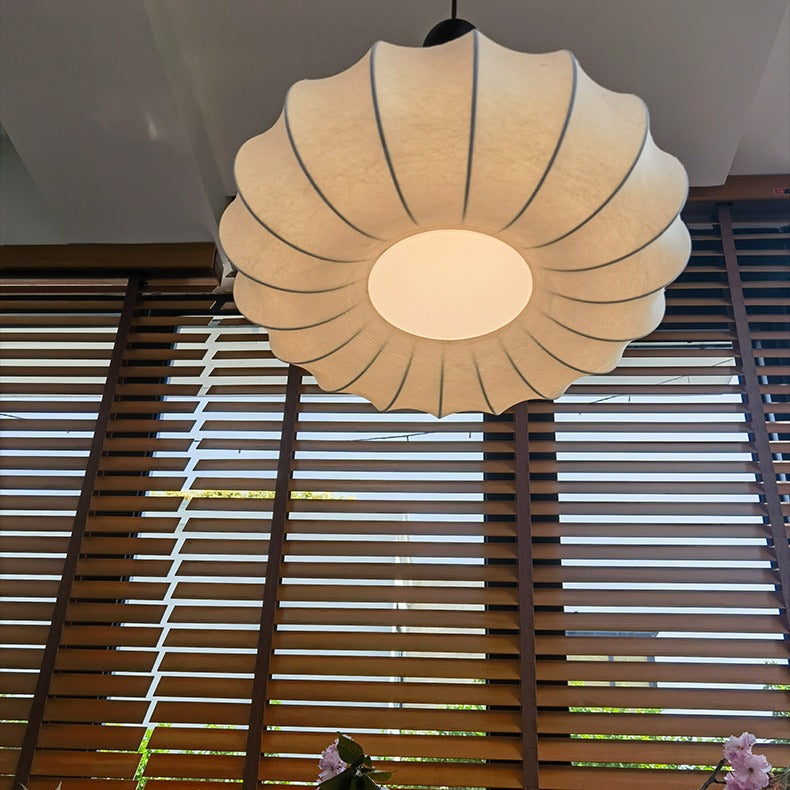 Traditional Chinese Circular Ball Ring Wood Fabric 1-Light Pendant Light For Bedroom