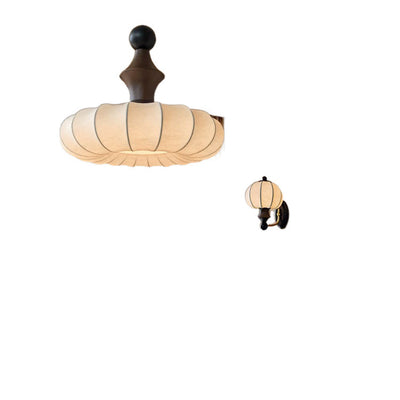 Traditional Chinese Circular Ball Ring Wood Fabric 1-Light Pendant Light For Bedroom