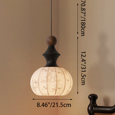Traditional Chinese Circular Ball Ring Wood Fabric 1-Light Pendant Light For Bedroom