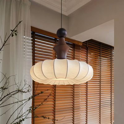 Traditional Chinese Circular Ball Ring Wood Fabric 1-Light Pendant Light For Bedroom