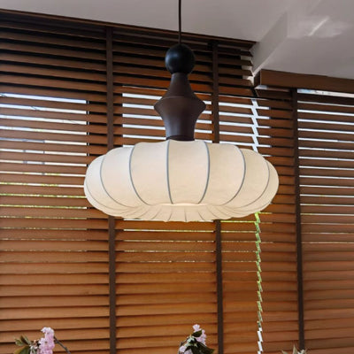 Traditional Chinese Circular Ball Ring Wood Fabric 1-Light Pendant Light For Bedroom