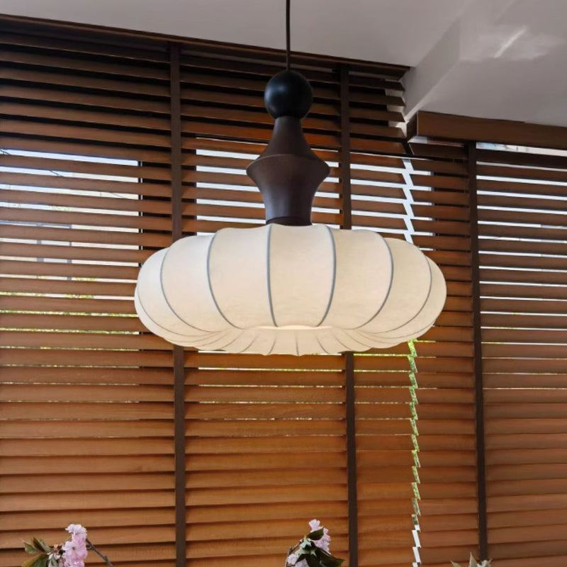 Traditional Chinese Circular Ball Ring Wood Fabric 1-Light Pendant Light For Bedroom