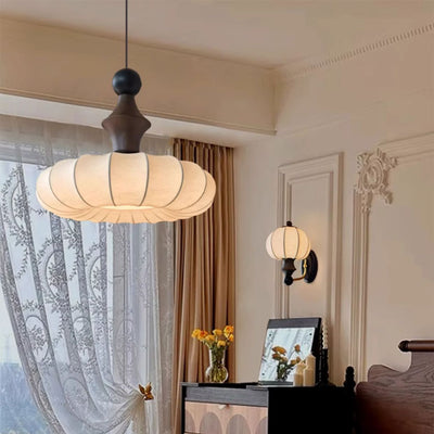 Traditional Chinese Circular Ball Ring Wood Fabric 1-Light Pendant Light For Bedroom