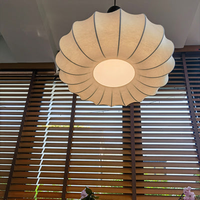 Traditional Chinese Circular Ball Ring Wood Fabric 1-Light Pendant Light For Bedroom