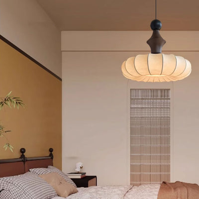 Traditional Chinese Circular Ball Ring Wood Fabric 1-Light Pendant Light For Bedroom