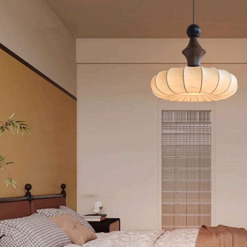 Traditional Chinese Circular Ball Ring Wood Fabric 1-Light Pendant Light For Bedroom