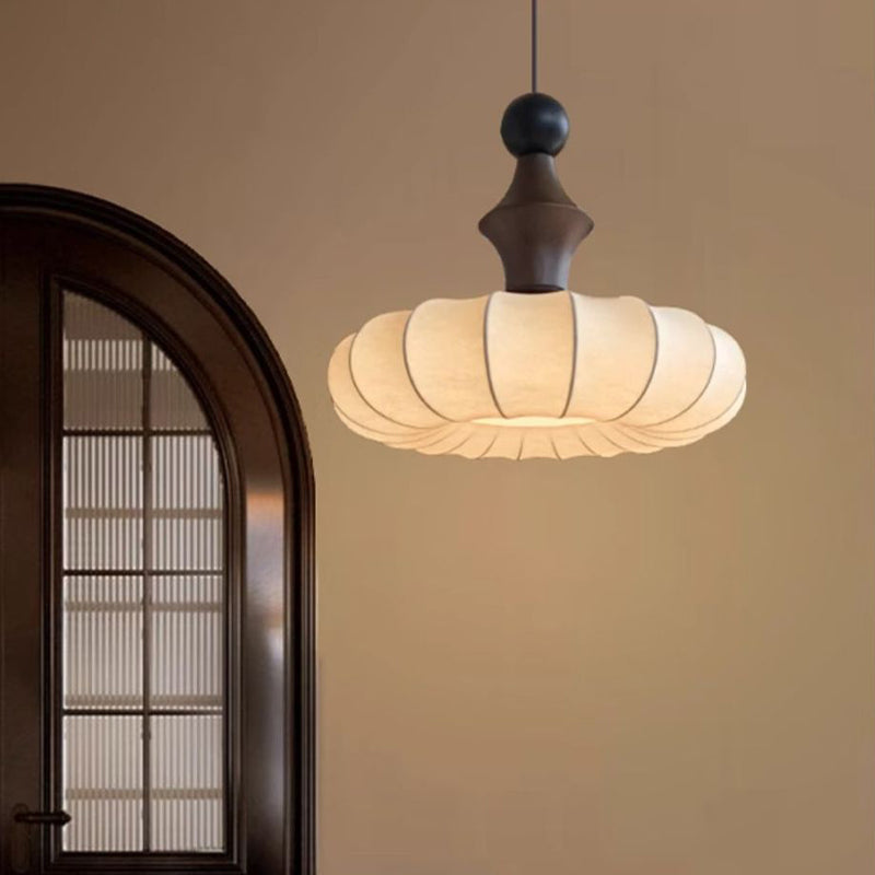 Traditional Chinese Circular Ball Ring Wood Fabric 1-Light Pendant Light For Bedroom