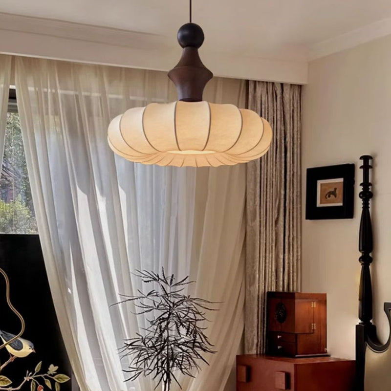 Traditional Chinese Circular Ball Ring Wood Fabric 1-Light Pendant Light For Bedroom