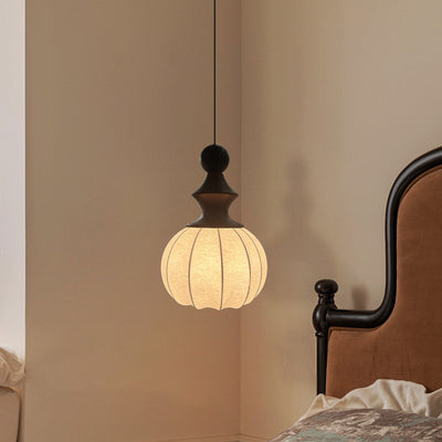 Traditional Chinese Circular Ball Ring Wood Fabric 1-Light Pendant Light For Bedroom