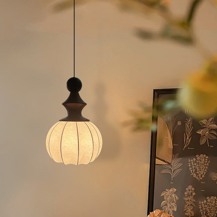 Traditional Chinese Circular Ball Ring Wood Fabric 1-Light Pendant Light For Bedroom