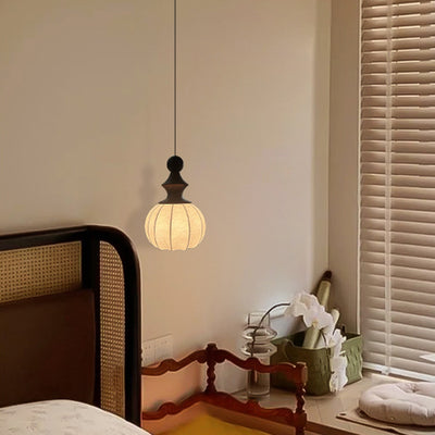 Traditional Chinese Circular Ball Ring Wood Fabric 1-Light Pendant Light For Bedroom