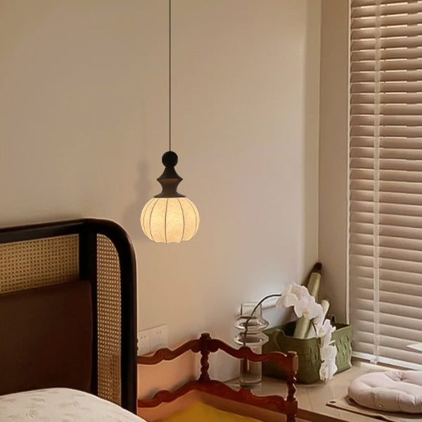 Traditional Chinese Circular Ball Ring Wood Fabric 1-Light Pendant Light For Bedroom
