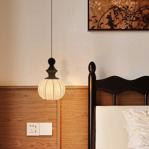 Traditional Chinese Circular Ball Ring Wood Fabric 1-Light Pendant Light For Bedroom