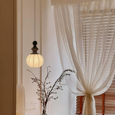 Traditional Chinese Circular Ball Ring Wood Fabric 1-Light Pendant Light For Bedroom
