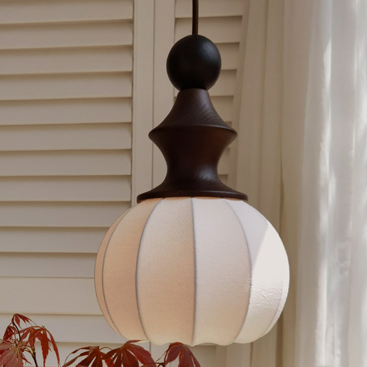 Traditional Chinese Circular Ball Ring Wood Fabric 1-Light Pendant Light For Bedroom