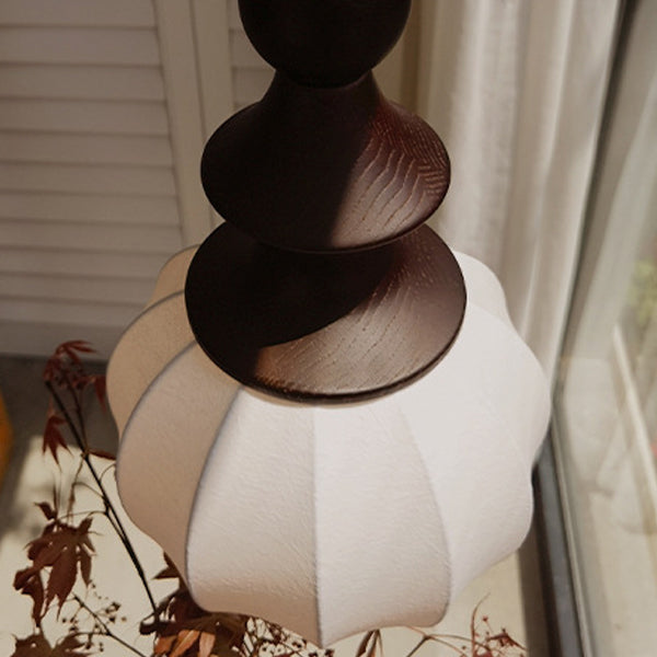 Traditional Chinese Circular Ball Ring Wood Fabric 1-Light Pendant Light For Bedroom