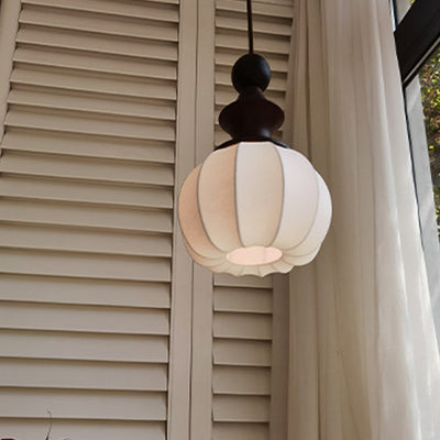 Traditional Chinese Circular Ball Ring Wood Fabric 1-Light Pendant Light For Bedroom