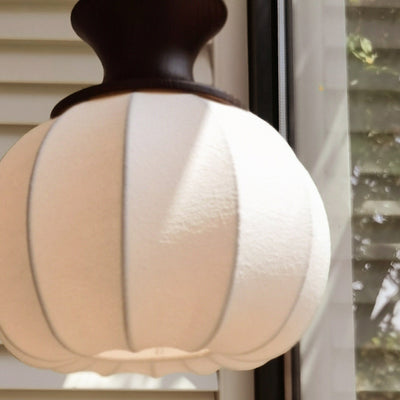 Traditional Chinese Circular Ball Ring Wood Fabric 1-Light Pendant Light For Bedroom