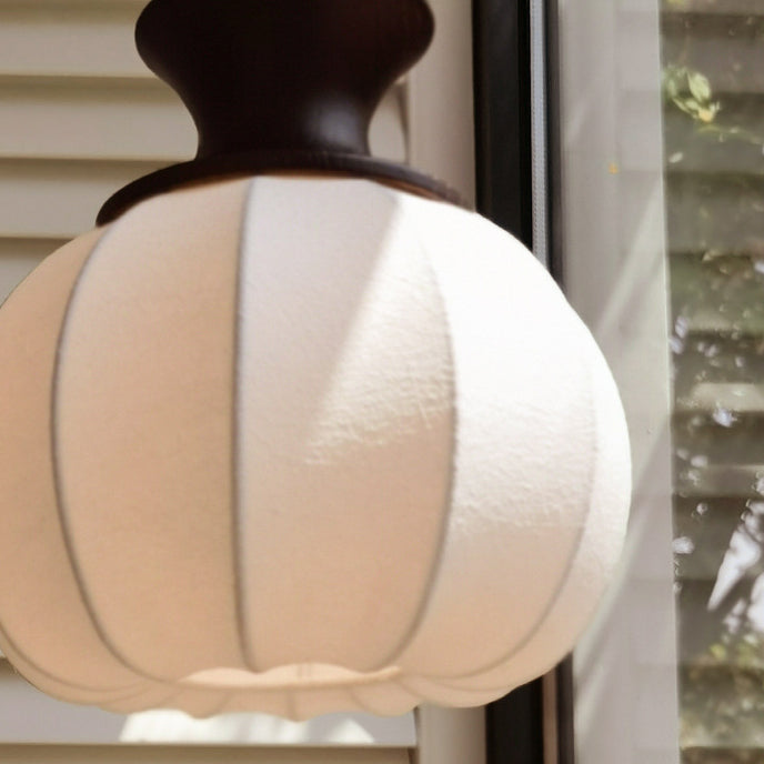 Traditional Chinese Circular Ball Ring Wood Fabric 1-Light Pendant Light For Bedroom