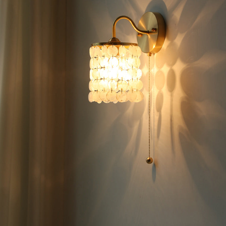 Contemporary Luxury Shell Round Base Crystal Iron 1-Light Wall Sconce Lamp For Bedroom