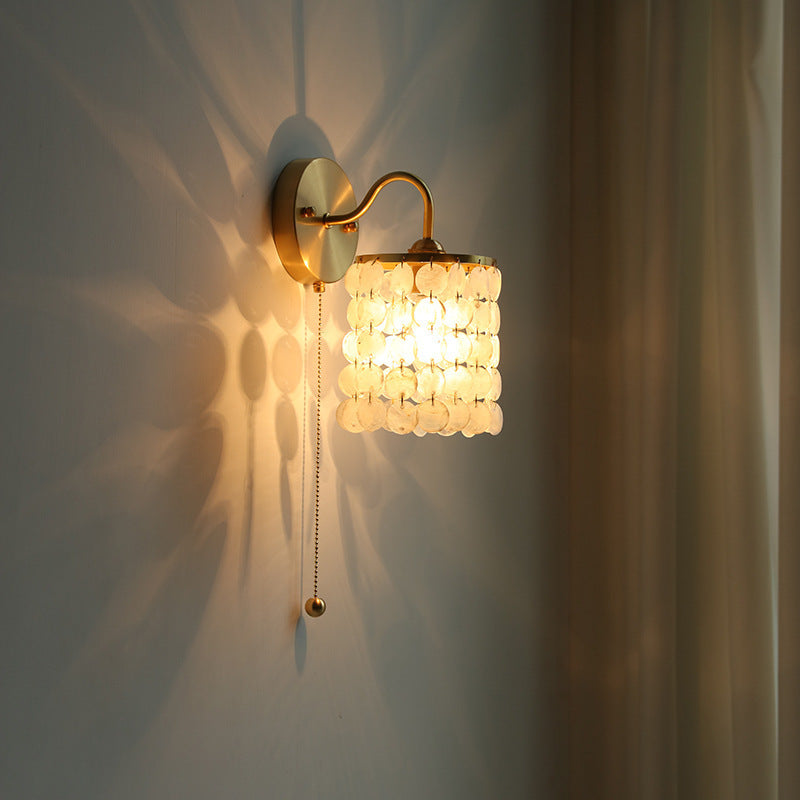 Contemporary Luxury Shell Round Base Crystal Iron 1-Light Wall Sconce Lamp For Bedroom