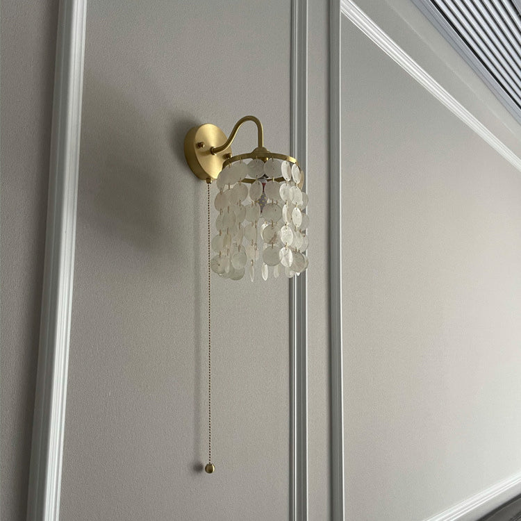 Contemporary Luxury Shell Round Base Crystal Iron 1-Light Wall Sconce Lamp For Bedroom