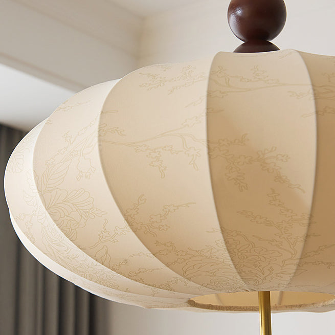 Traditional Chinese Flat Round Fabric Wood 3/4 Light Pendant Light For Bedroom