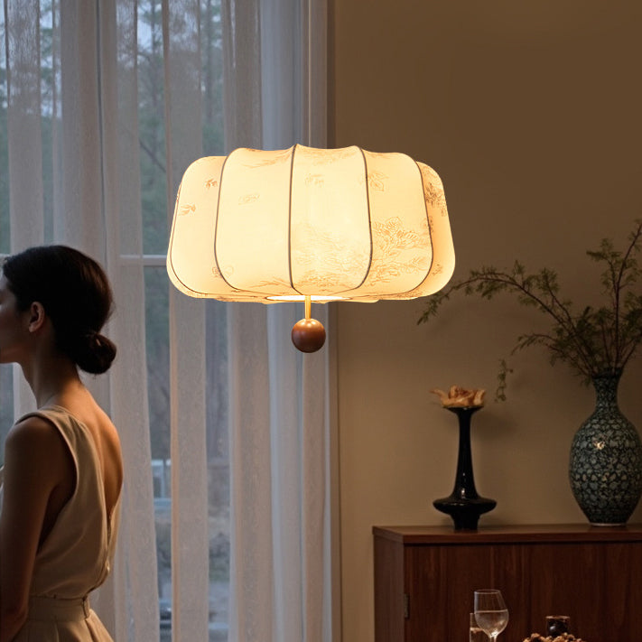Traditional Chinese Flat Round Fabric Wood 3/4 Light Pendant Light For Bedroom