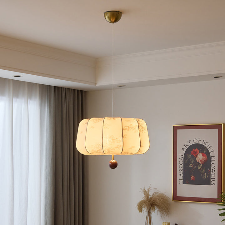 Suspension Luminaire en Bois Tissu Rond Plat Chinois Traditionnel 3/4 Lumière Pour Chambre 