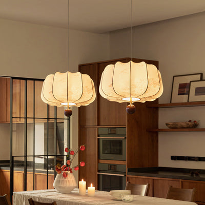 Traditional Chinese Flat Round Fabric Wood 3/4 Light Pendant Light For Bedroom