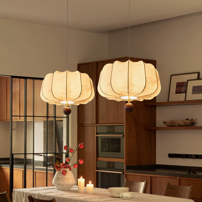 Traditional Chinese Flat Round Fabric Wood 3/4 Light Pendant Light For Bedroom