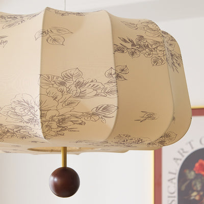Traditional Chinese Flat Round Fabric Wood 3/4 Light Pendant Light For Bedroom