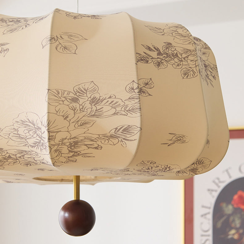 Traditional Chinese Flat Round Fabric Wood 3/4 Light Pendant Light For Bedroom