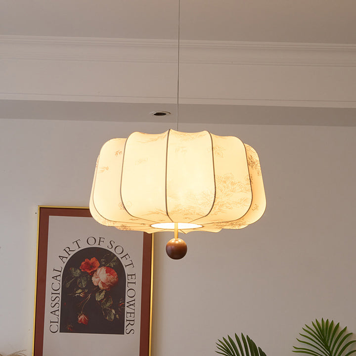 Suspension Luminaire en Bois Tissu Rond Plat Chinois Traditionnel 3/4 Lumière Pour Chambre 