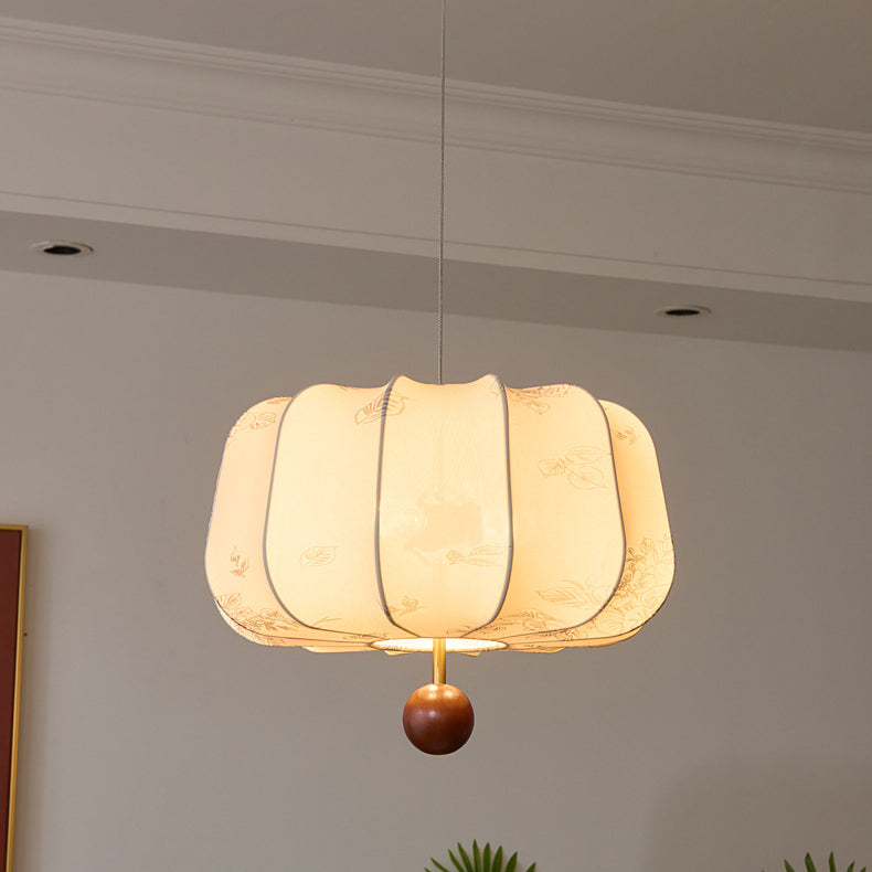 Traditional Chinese Flat Round Fabric Wood 3/4 Light Pendant Light For Bedroom