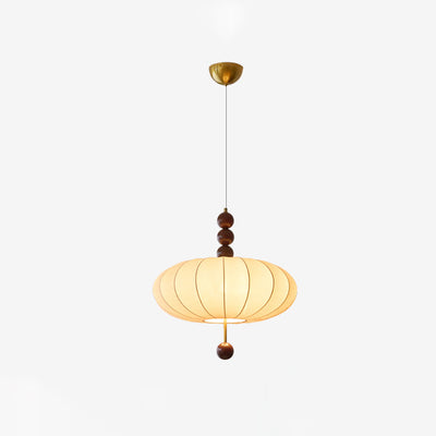 Traditional Chinese Flat Round Fabric Wood 3/4 Light Pendant Light For Bedroom