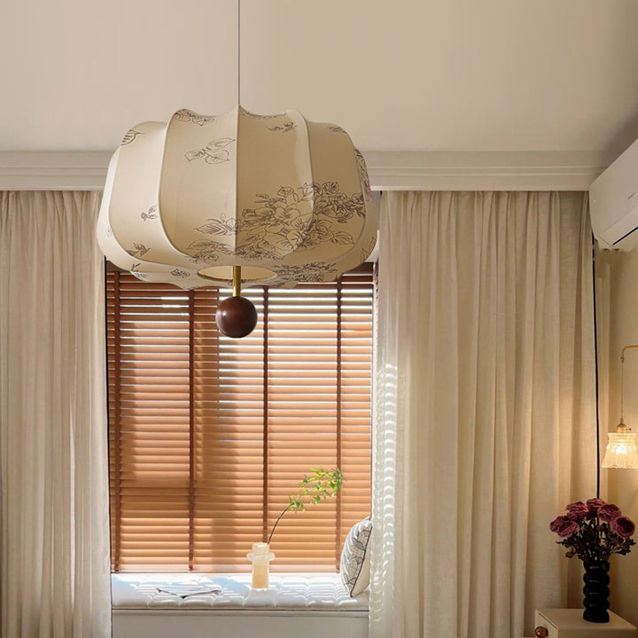 Suspension Luminaire en Bois Tissu Rond Plat Chinois Traditionnel 3/4 Lumière Pour Chambre 