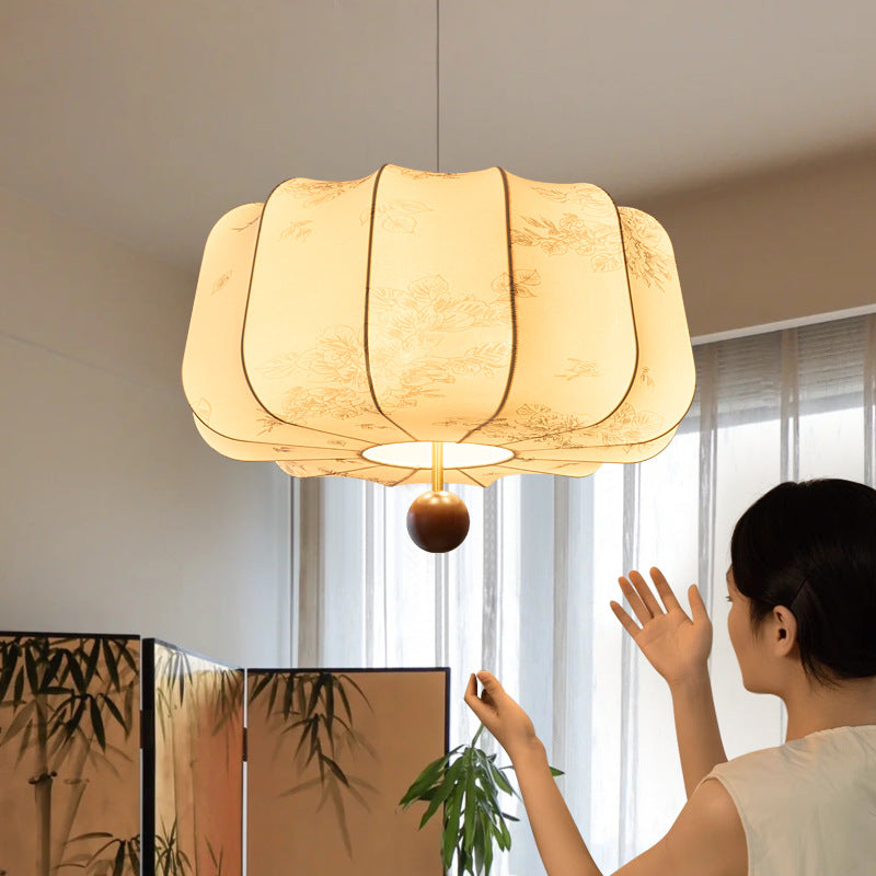 Traditional Chinese Flat Round Fabric Wood 3/4 Light Pendant Light For Bedroom