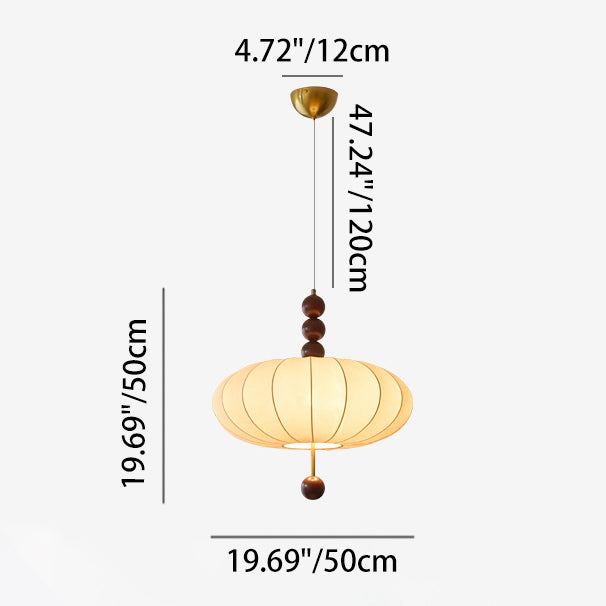 Traditional Chinese Flat Round Fabric Wood 3/4 Light Pendant Light For Bedroom