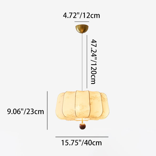 Traditional Chinese Flat Round Fabric Wood 3/4 Light Pendant Light For Bedroom
