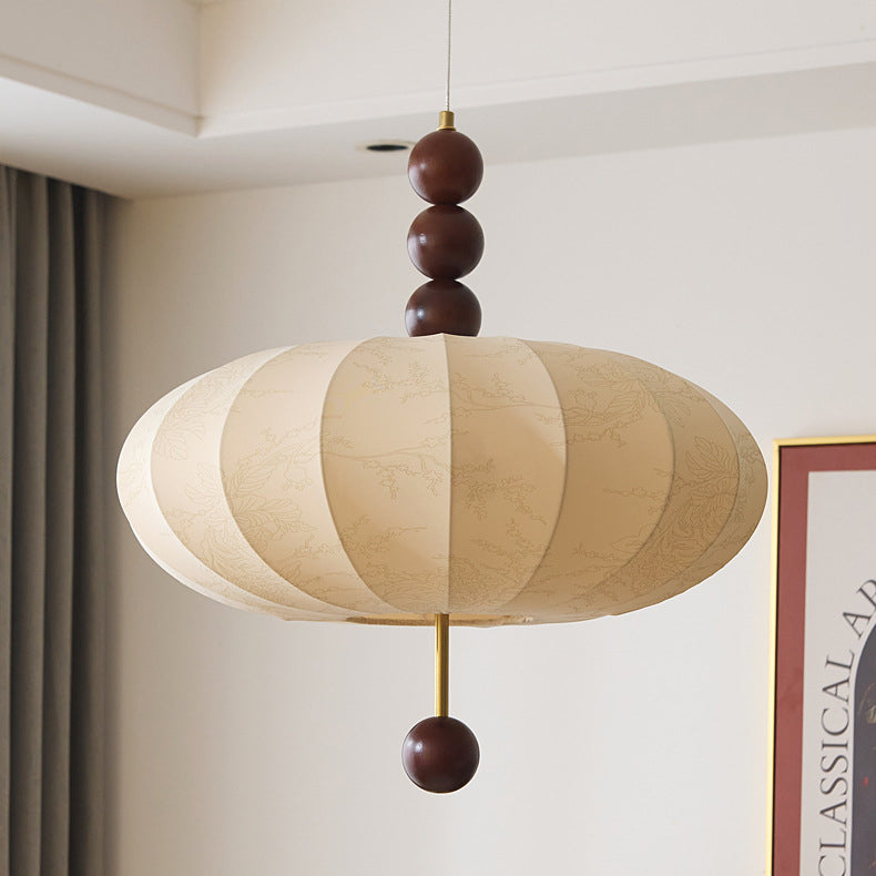 Suspension Luminaire en Bois Tissu Rond Plat Chinois Traditionnel 3/4 Lumière Pour Chambre 